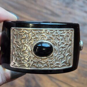 RETIRED BRIGHTON ANTIQUITY Black Silver Hinged OVAL BANGLE Bracelet